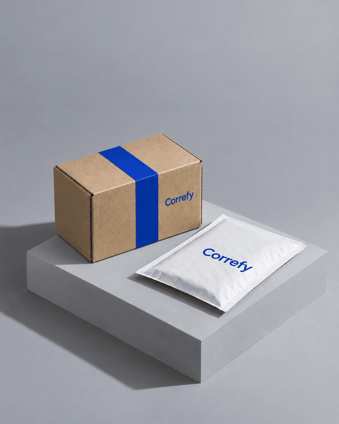 Correfy-branded parcel with a blue sealing strip and matching white mailing envelope